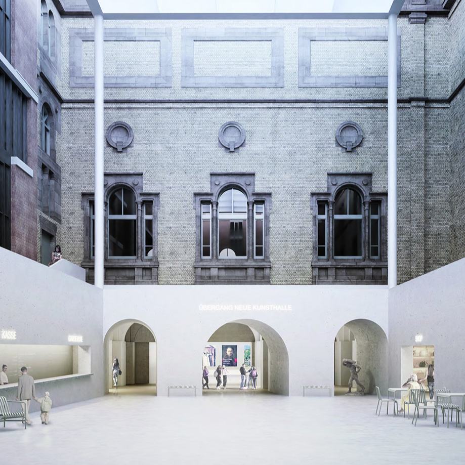 Abbildung des Architekturentwurfs der baulichen Weiterentwicklung der Kunsthalle Karlsruhe durch das Berliner Architekturbüro Staab Architekten