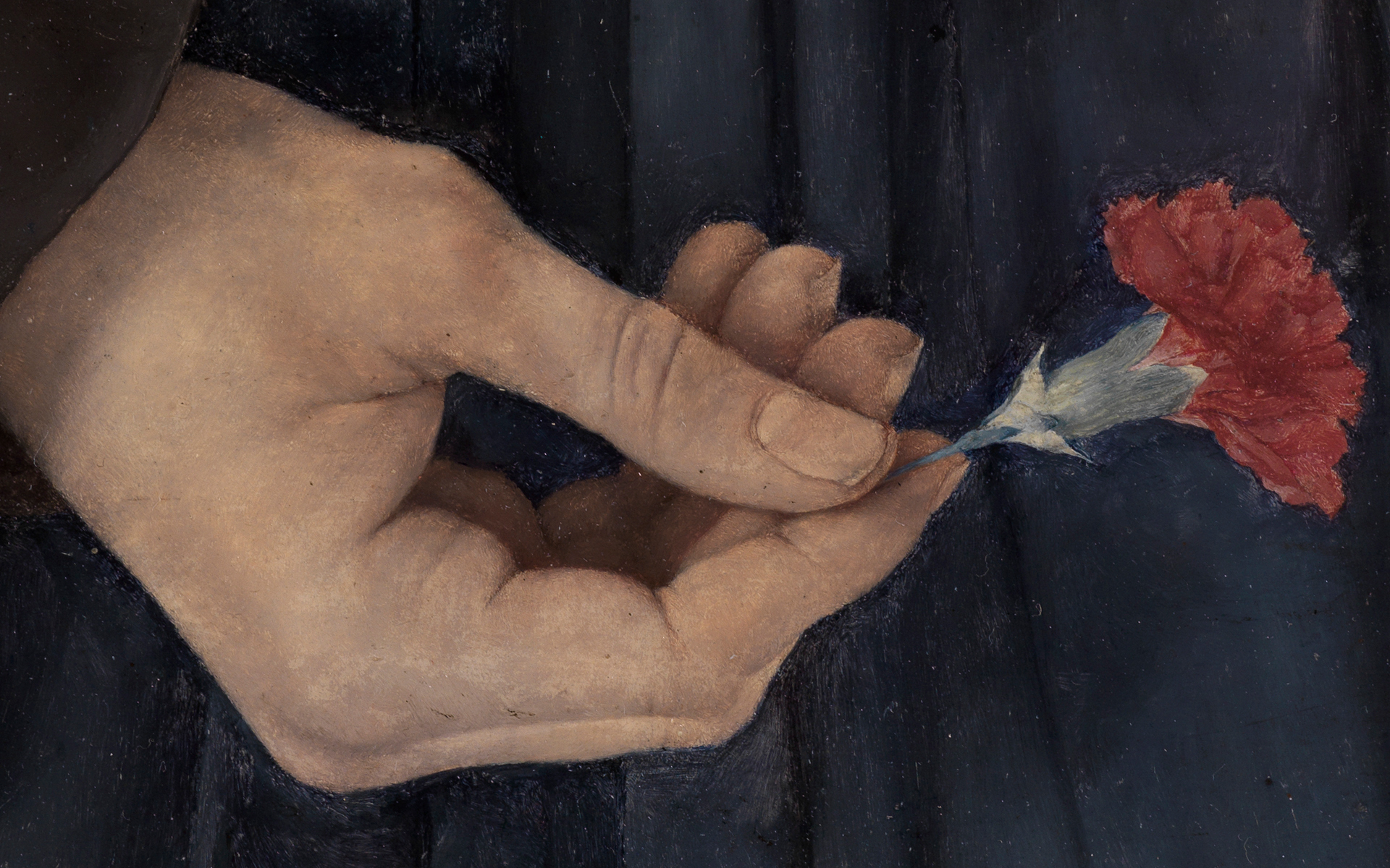Abbildung eines Gemäldes von Leibl, auf dem ein Mädchen eine rote Nelke in der Hand hält