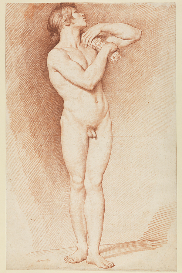 Zeichnung Stehender männlicher Akt mit erhobenen Armen von Edme Bouchardon, Entstehungszeit unbekannt.