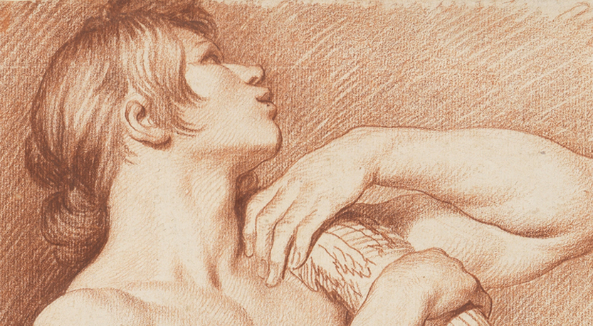 Detail der Zeichnung Stehender männlicher Akt mit erhobenen Armen von Edme Bouchardon, Entstehungszeit unbekannt. Der Ausschnitt zeigt die Brust- und Kopfpartie des Mannes.