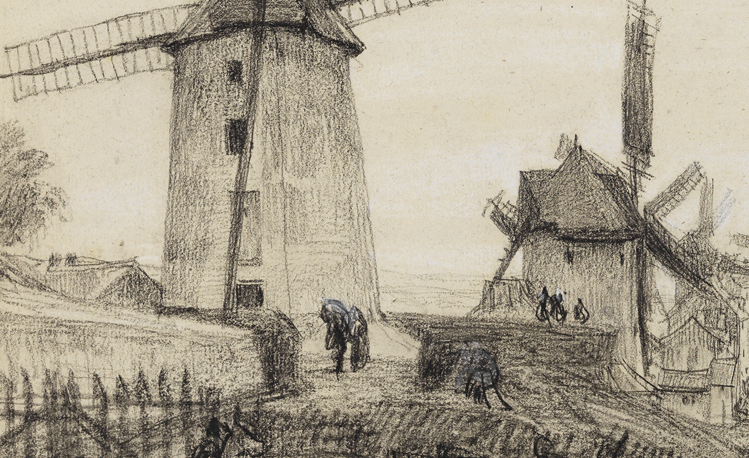 Zeichnung Windmühlen auf der Butte Montmatre von Eugène Boudin, entstanden 1852/1853. Zu sehen sind mehrere Windmühlen in einer Landschaft.