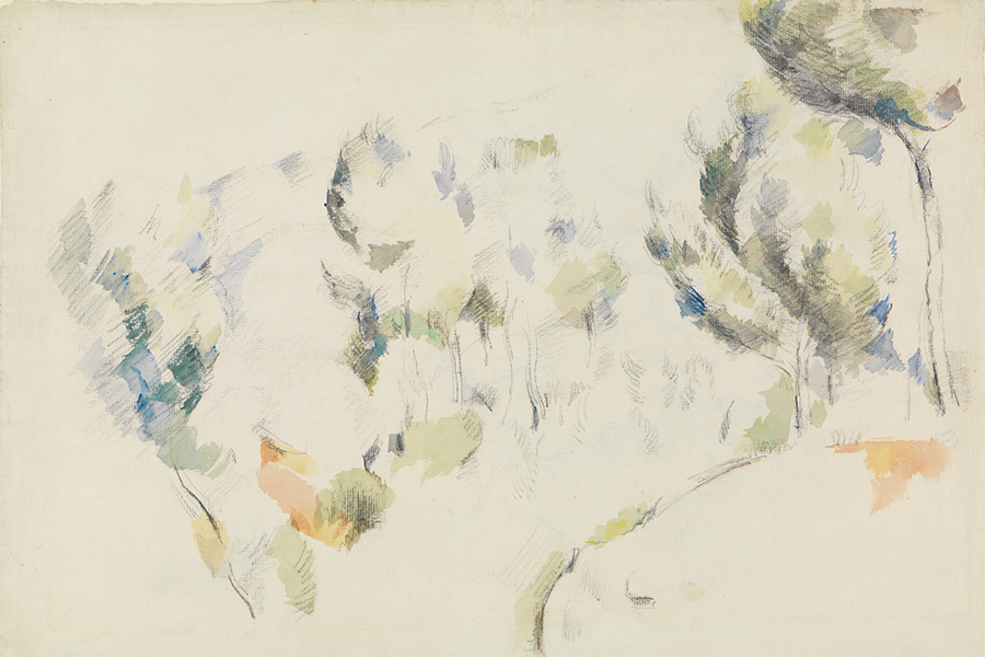 Zeichnung Senke mit Bäumen von Paul Cézanne, entstanden 1890/1892. Es zeigt schemenhaft angedeutete Bäume.