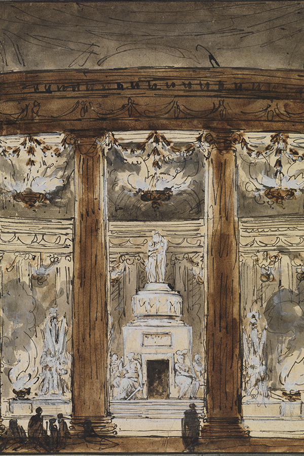 Zeichnung Blick in ein Mausoleum von Charles-Michel-Ange Challe, entstanden 18. Jahrhundert. Es zeigt einen runden von Säulen getragenen Raum mit einem Standbild in der Mitte.