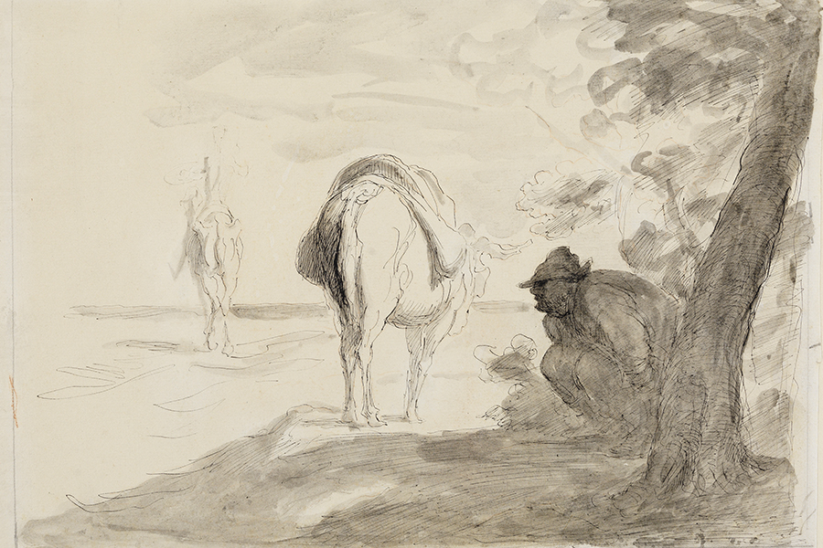 Federzeichnung eines an einem Baum hockenden Mannes sowie einem Esel