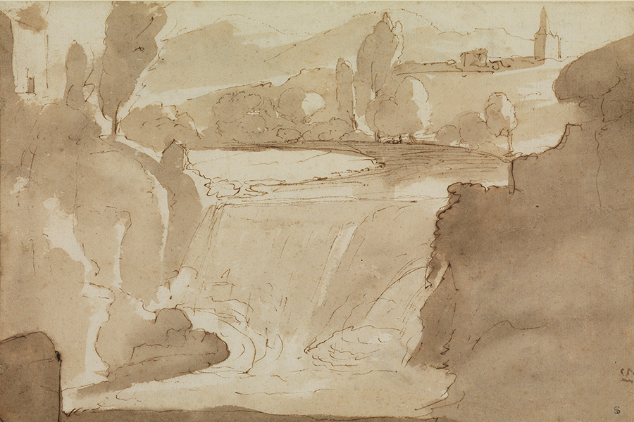 Der alte Fall des Anio in Tivoli von Claude Lorrain, enstanden um 1640. Es zeigt eine Federzeichnung eines Wasserfalls.