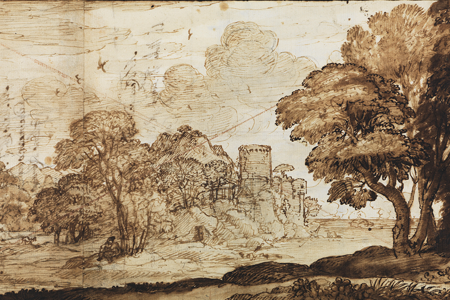 Abbildung des Werks Landschaft mit Psyche vor dem Palast Amors von Claude Lorrain. Zu sehen ist eine Burg in einer bewaldeten Landschaft.