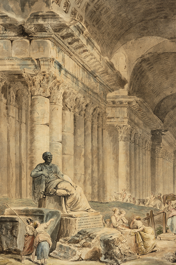 Zeichnung Gewölbte Säulengalerie mit antiker Sitzstatue von Hubert Robert, entstanden in den 1770er Jahren.