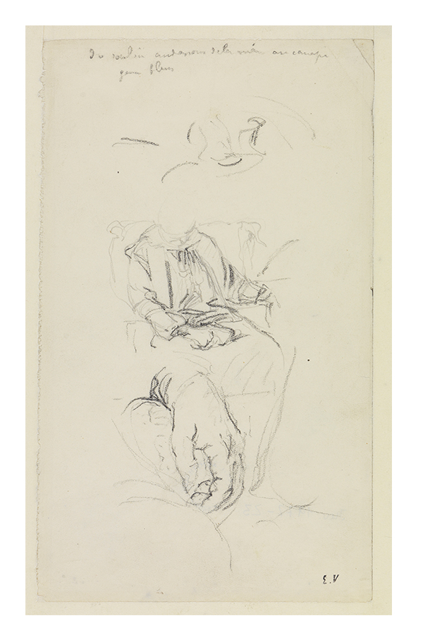 Teilstudie der Zeichnung Ganzfigur und Detail der Halsschleife von Edouard Vuillard, Entstehungszeit unbekannt.