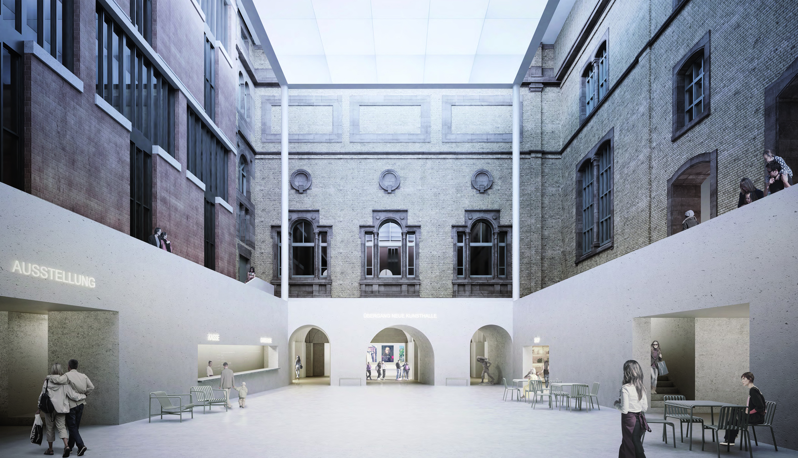 Visualisierung des zukünftig überdachten Innenhofs des Hauptgebäudes der Kunsthale