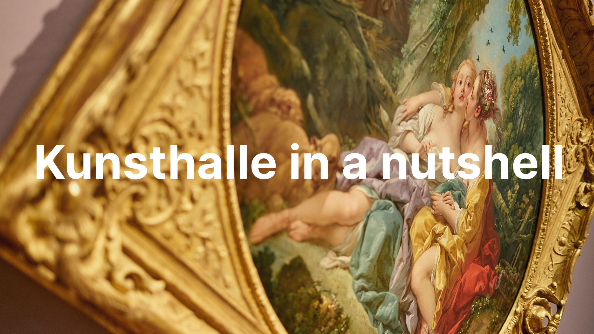 Ausschnitt eines Kunstwerks mit goldenem Rahmen im Fokus. Es beinhaltet zudem den Schriftzug Kunsthalle in a nutshell.