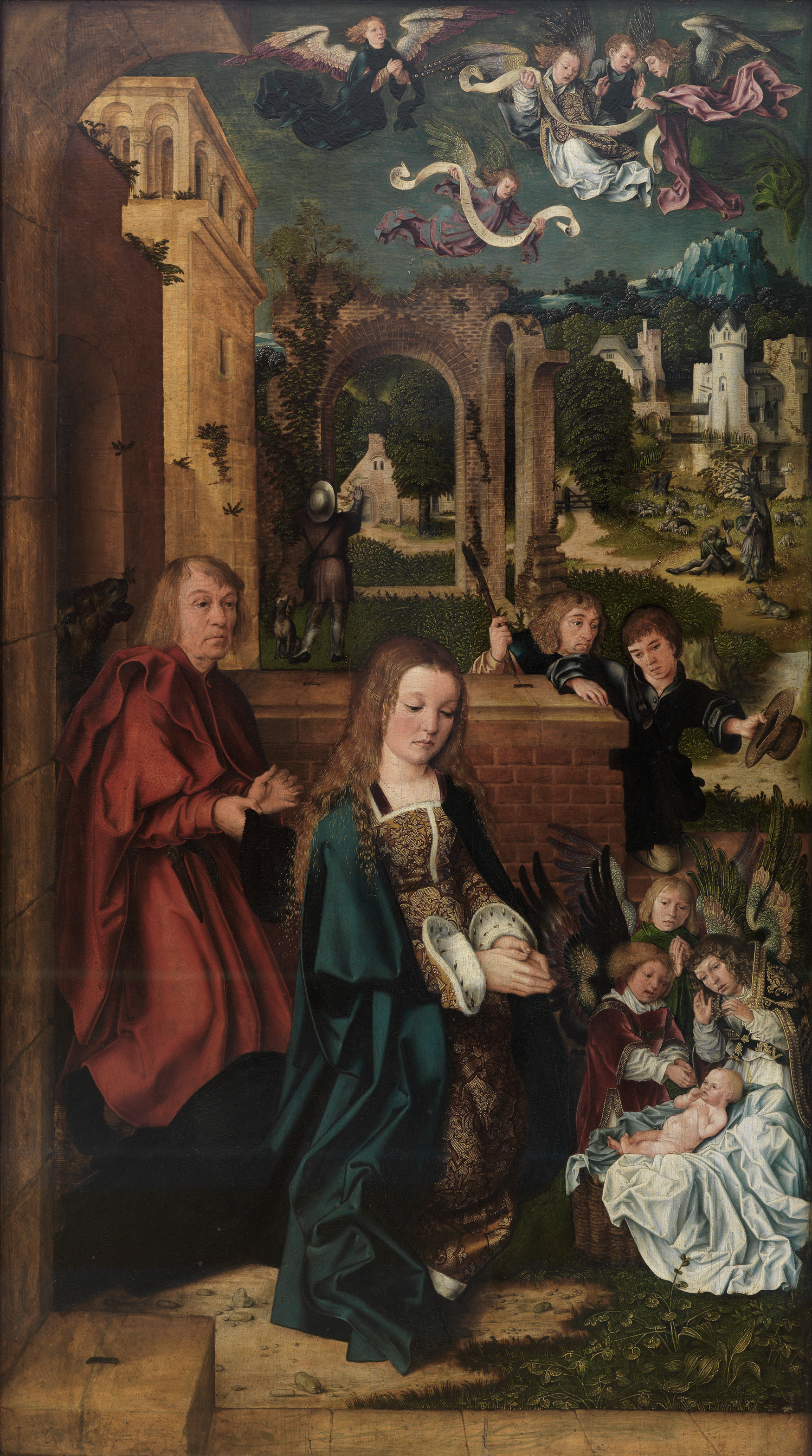 Das Gemälde zeigt die Anbetung des Kindes mit Maria, Jesus, Engeln und weiteren Figuren
