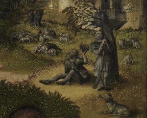 Der Detailausschnitt des Gemäldes "Anbetung des Kindes" legt den Fokus auf die Hirten, die sich im Hintergrund des Bildes befinden.