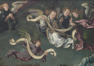 Der Detailausschnitt des Gemäldes "Anbetung des Kindes" legt den Fokus auf dem Spruchband der Engel, auf dem "Ich verkünde Euch große Freud" geschrieben steht. 