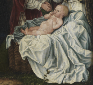 Der Detailausschnitt des Gemäldes "Anbetung des Kindes" legt den Fokus auf das nackt dargestellte Jesuskind, das auf einem weißen Tuch liegt.