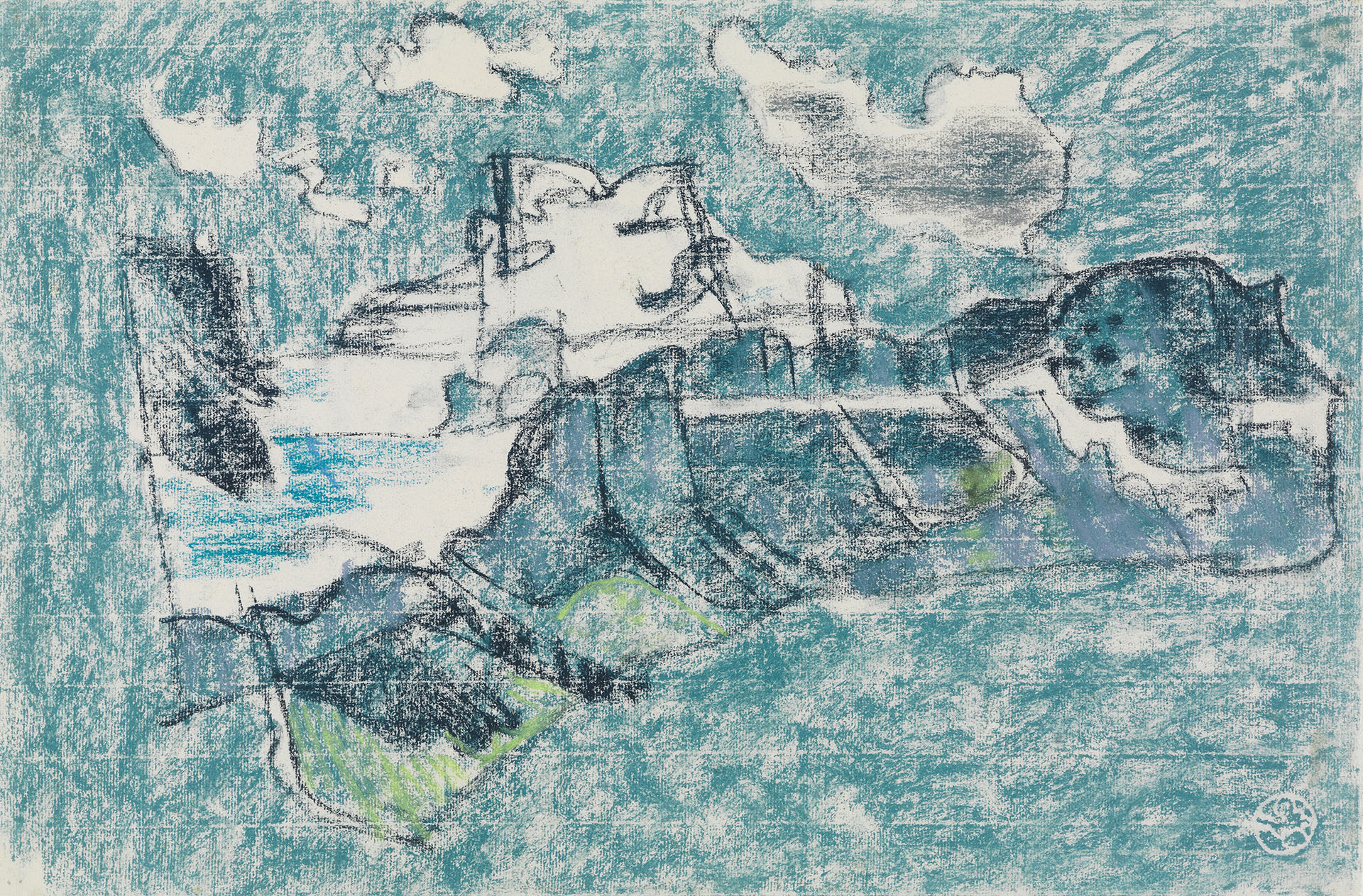 Expressionistische Zeichnung einer Schneelandschaft. Es herrschen die Farben weiß und blau vor.