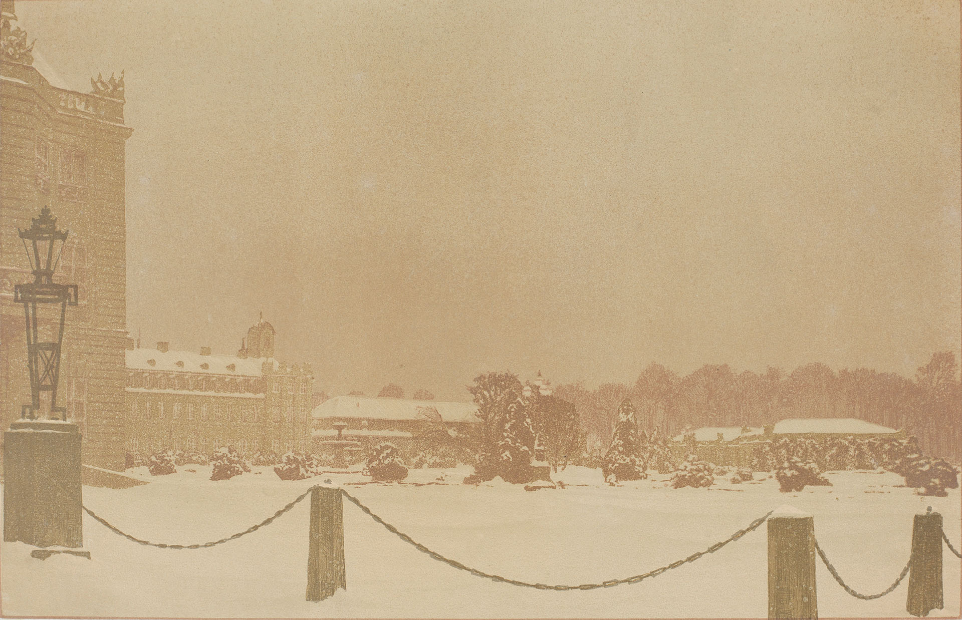 Lithografie des Karlsruher Schlosses im Schnee