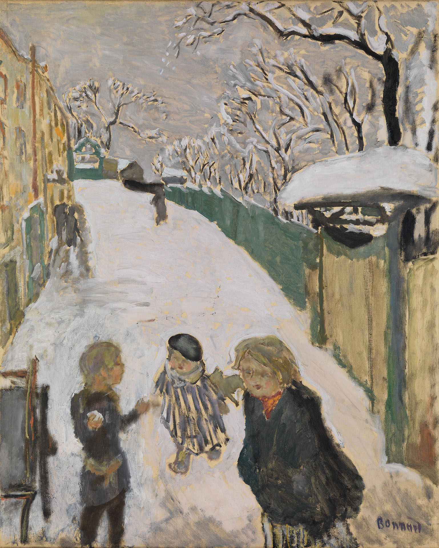 Post-impressionistisches Gemälde von Pierre Bonnard, das spielende Kinder auf einer schneebedeckten Straße zeigt