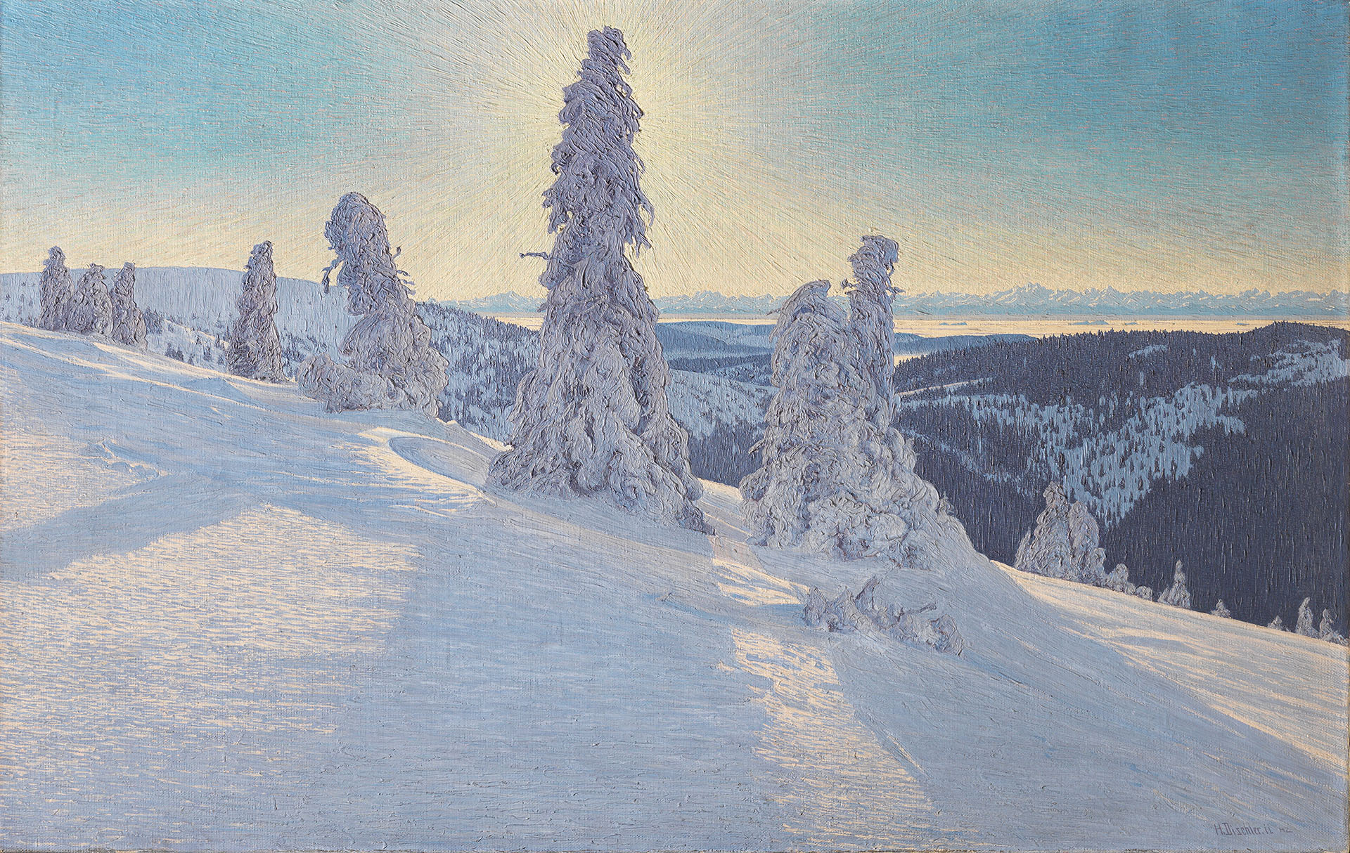 Gemälde, auf dem der Künstler Hermann Dischler Tannen in einer sonnigen Schneelandschaft zeigt
