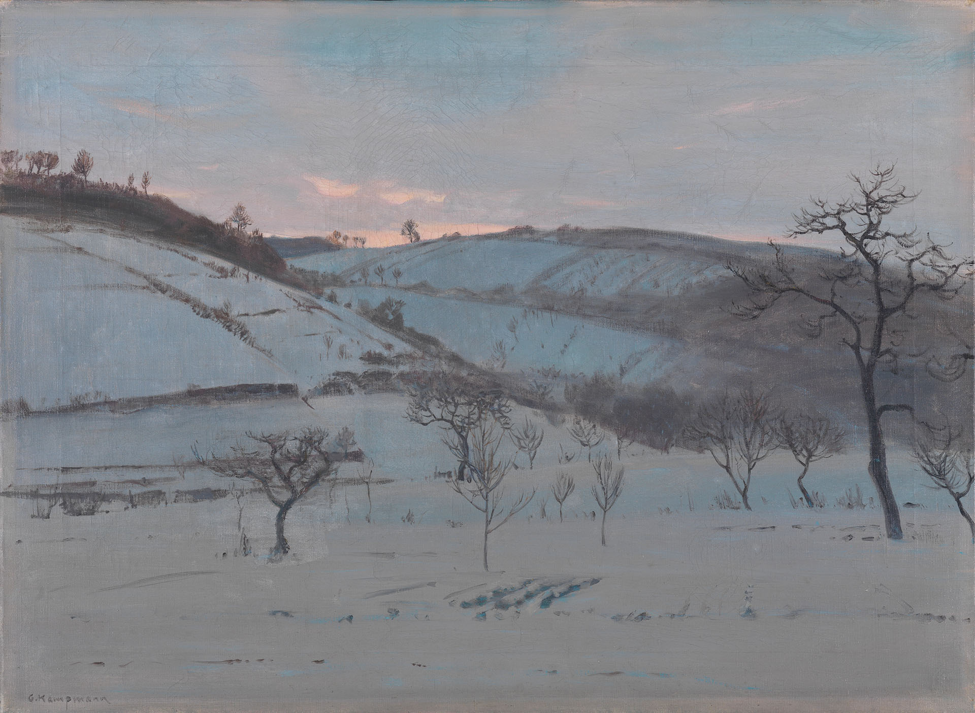 Gemälde von Gustav Kampmann, das eine Schneelandschaft mit einigen Bäumen und zwei Hügeln zeigt