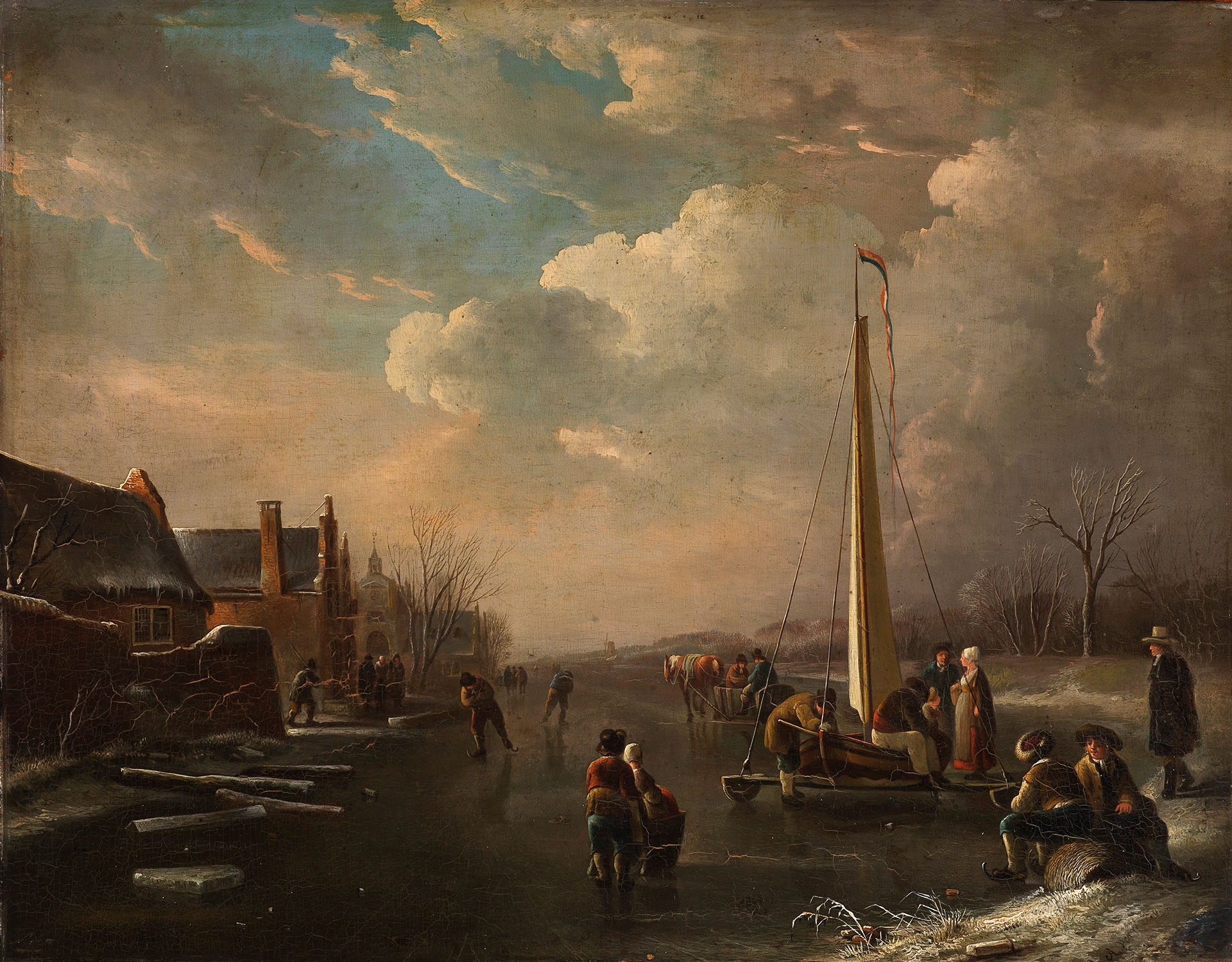 Gemälde, dass einen Blick auf einen zugefrorenen See zeigt, auf dem Menschen eislaufen