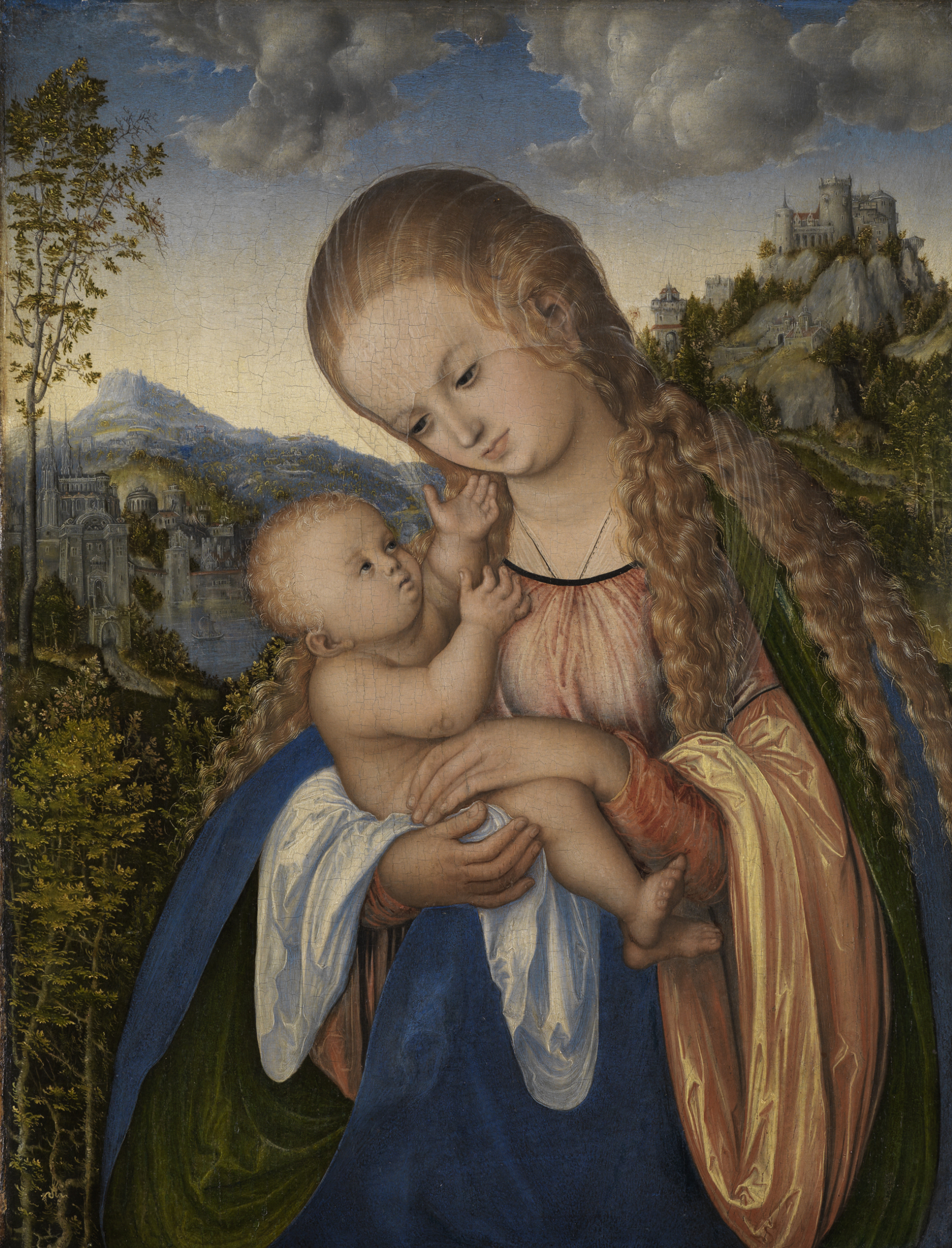 Das Bild zeigt Maria mit dem Jesuskind in den Armen, auf das sie liebevoll hinabschaut.