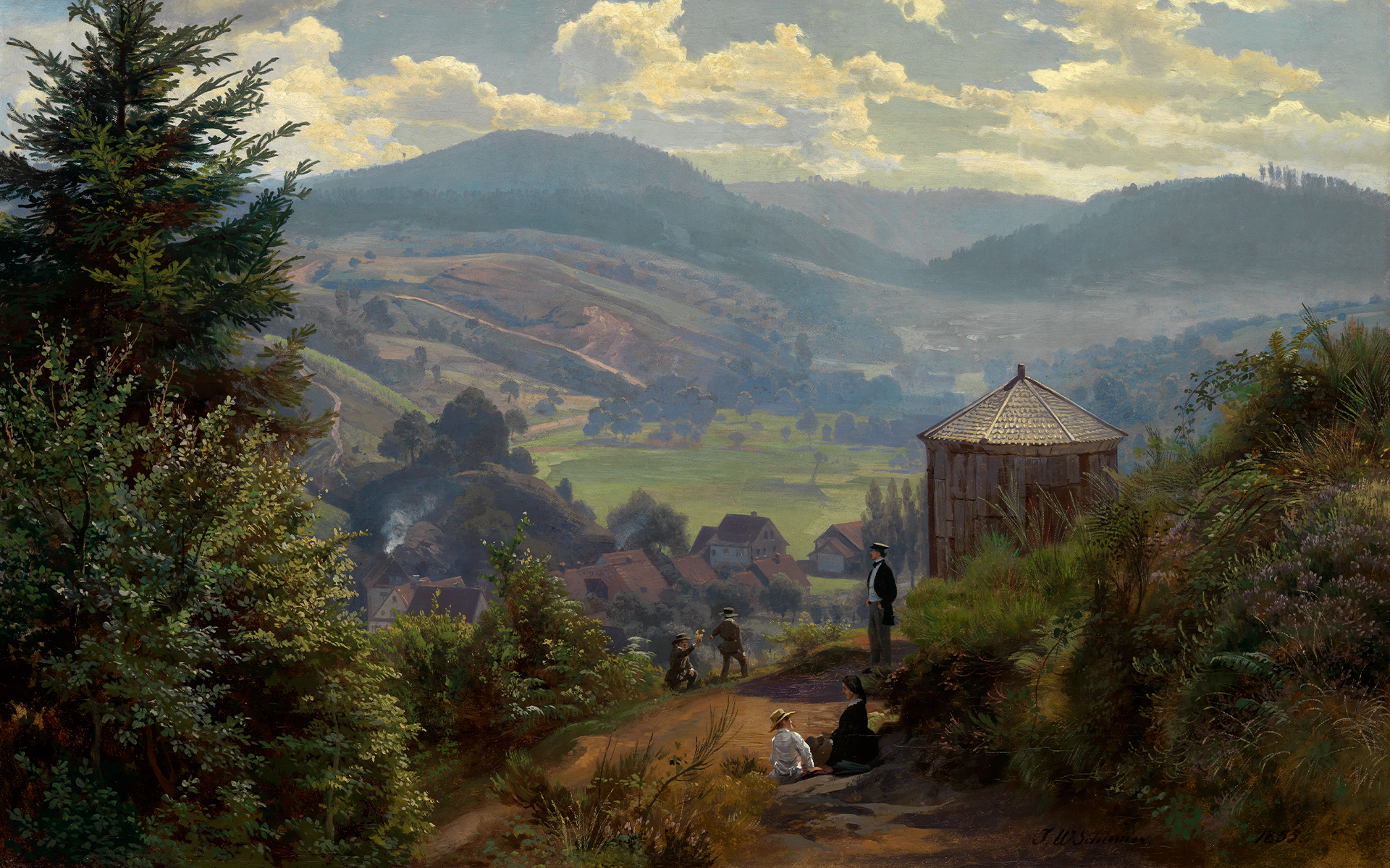 Gemälde von Johann Wilhelm Schirmer, dass das Oberbeuerner Tal vom Cäcilienberg aus zeigt. Man blickt in ein Tal mit Wiesen und Bäumen. In Vordergrund sieht man Personen an einer oktogonalen Hütte.