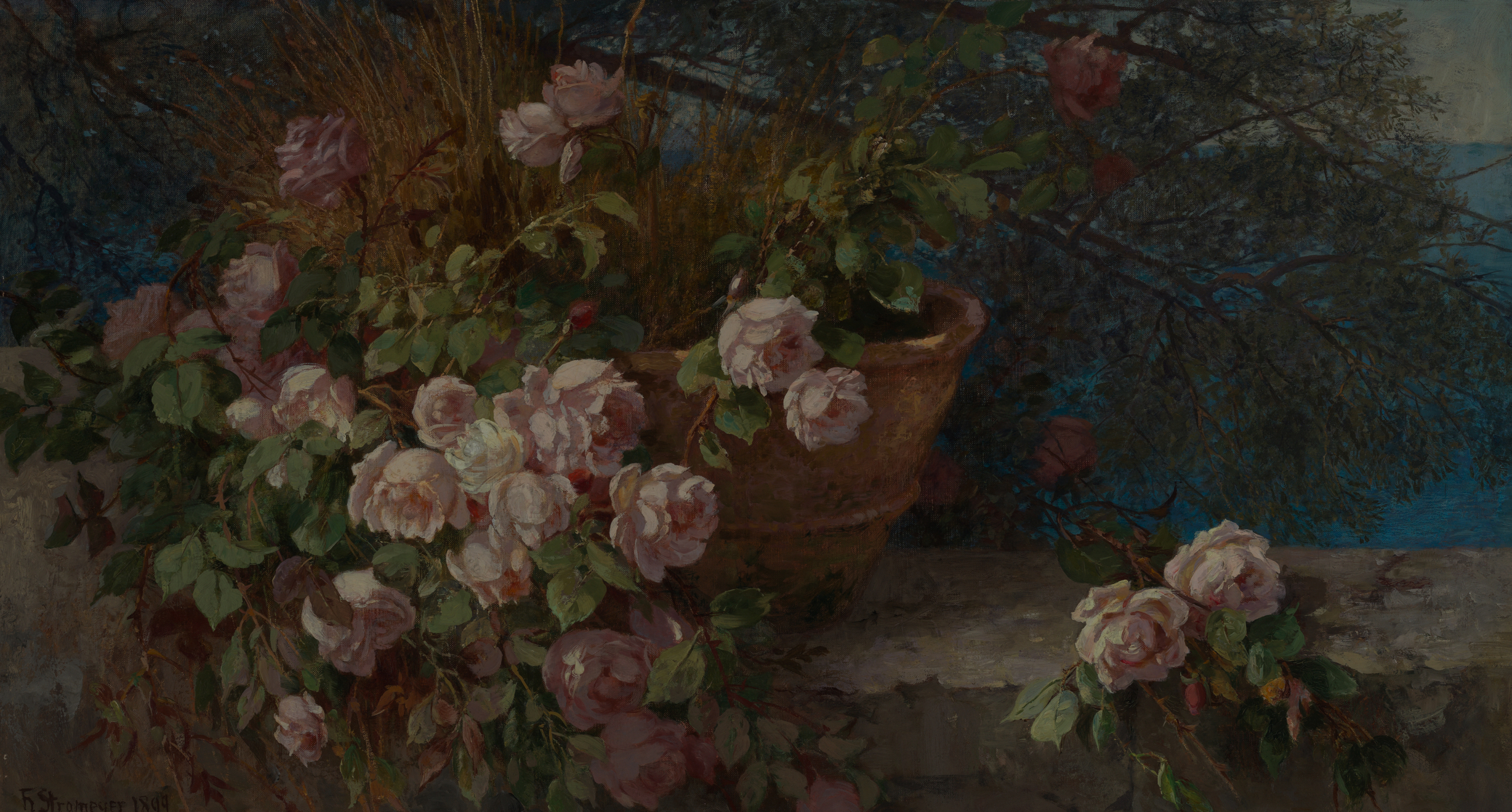 Das Bild zeigt einen großen Topf voller rosa Rosen.