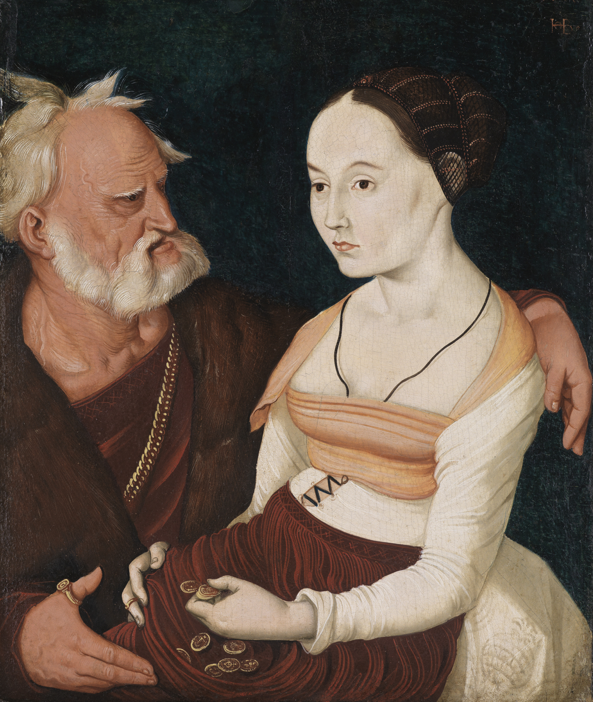 Das Gemälde zeigt eine junge Frau und einen älteren Mann - ein ungleiches Liebespaar.