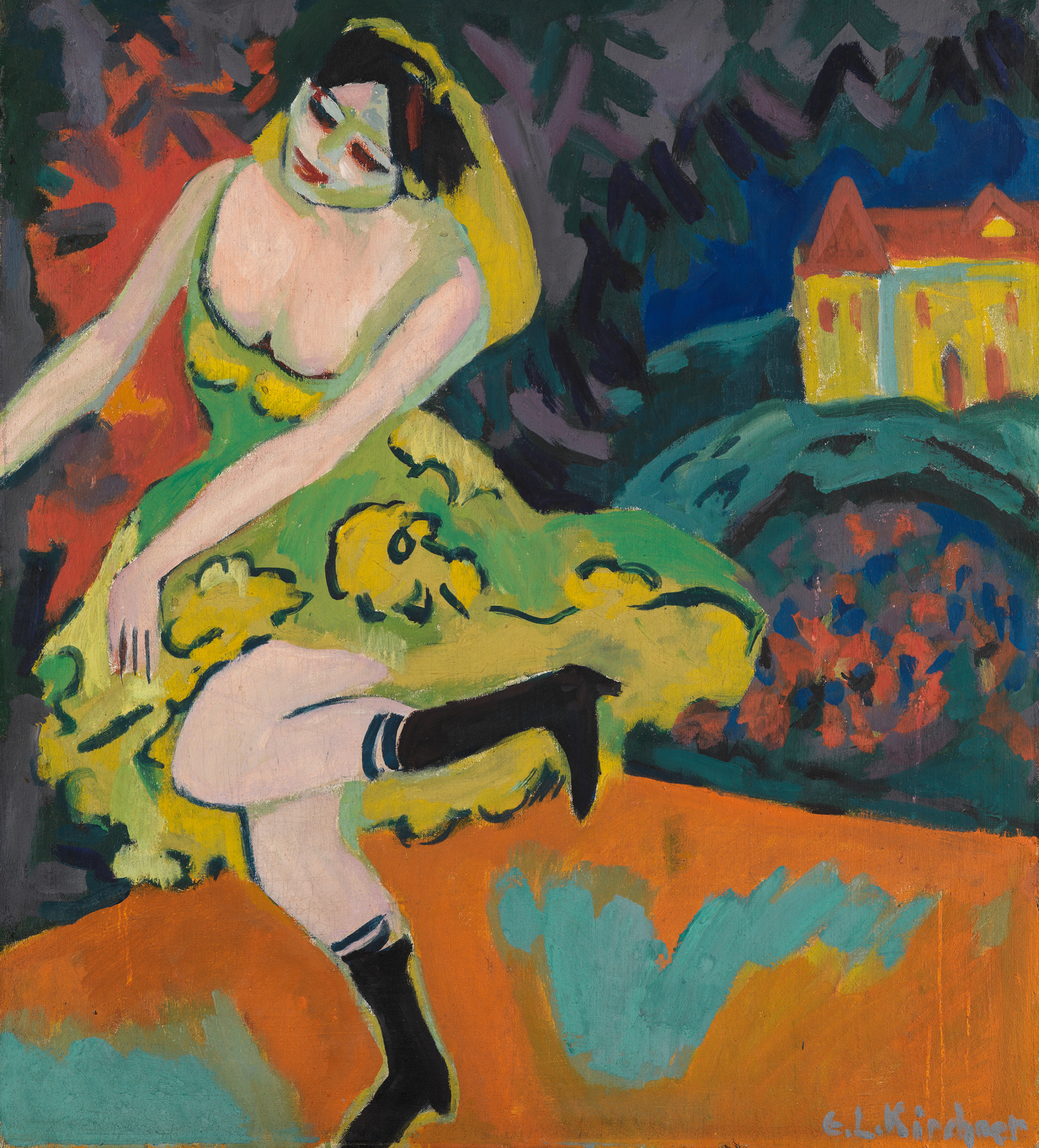 Das Kunstwerk zeigt eine farbenfrohe Darstellung einer Varietétänzerin, die gerade ihr Bein schwingt.