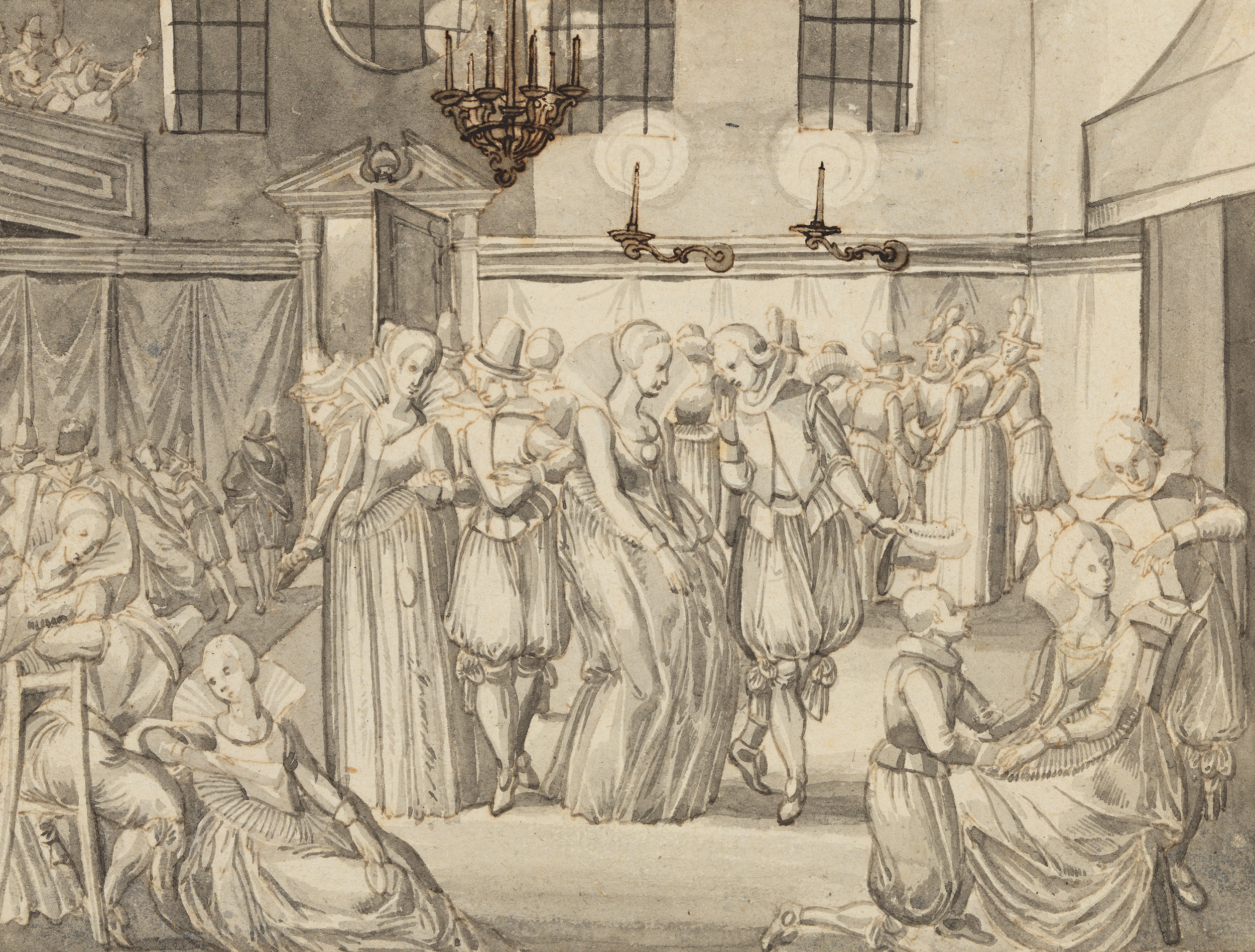 Das Werk zeigt eine Ballszene aus dem 17. Jahrhundert mit Tanzenden.