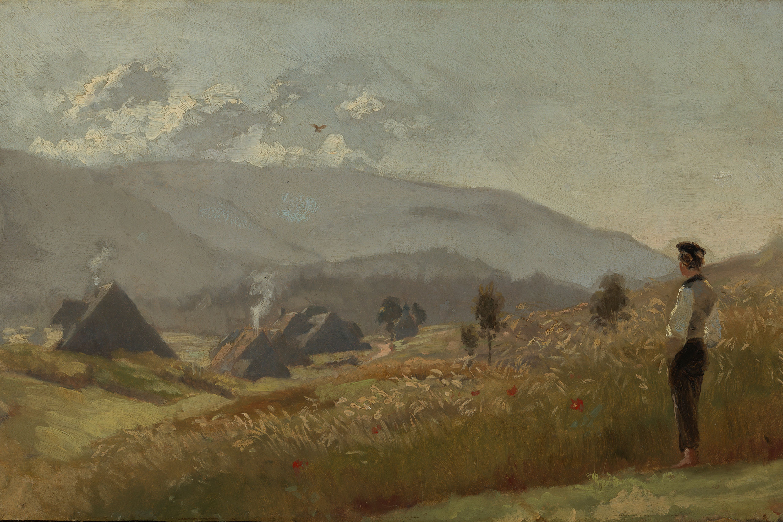 Das Kunstwerk zeigt einen jungen Bauern, der über ein Kornfeld blickt. In der Ferne sind Häuser und Berge zu erkennen.