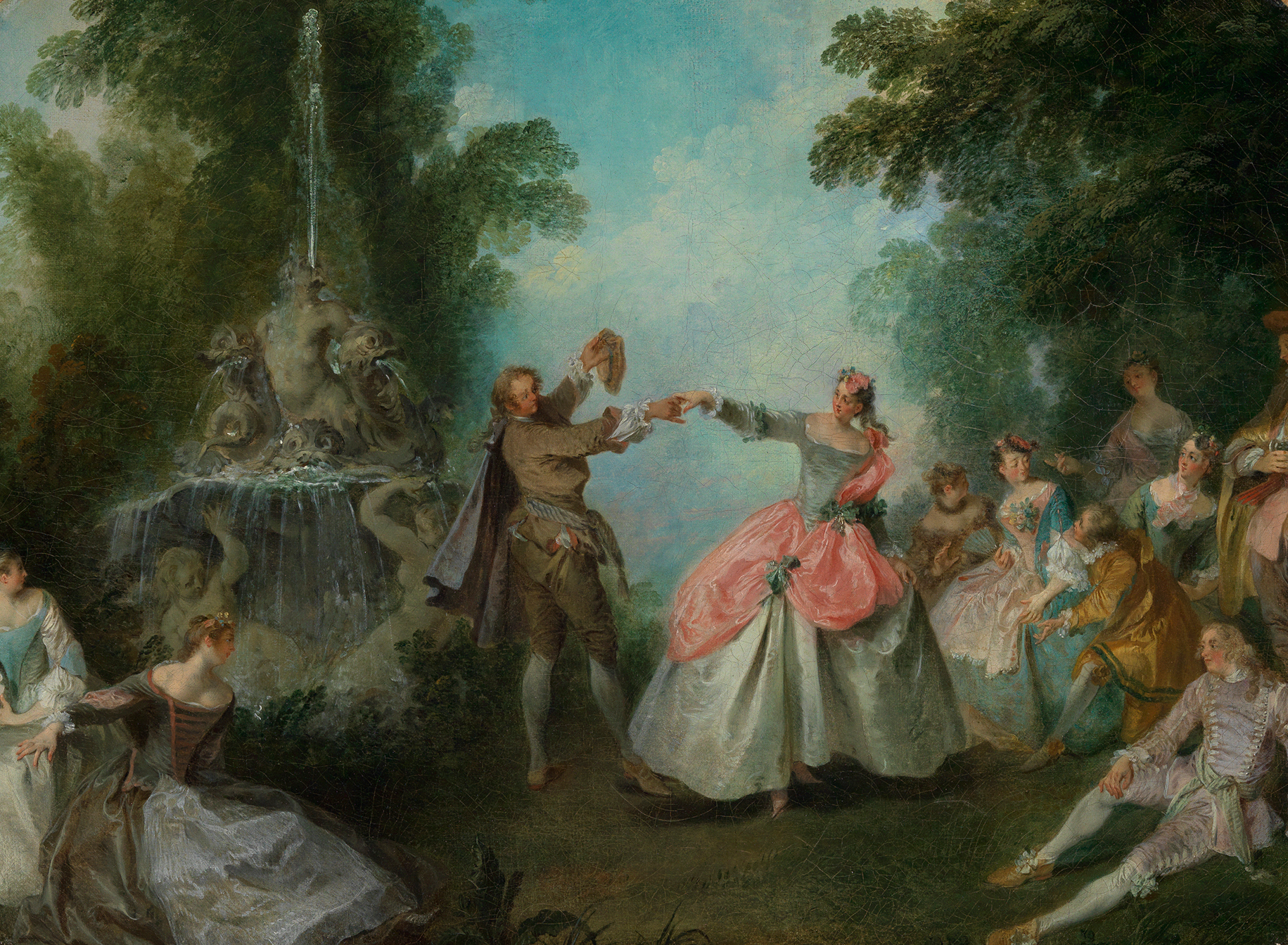 Das Gemälde zeigt ein Menuett tanzendes Paar mit vornehmer Kleidung. Sie tanzen unter freiem Himmel mit Zuschauern.