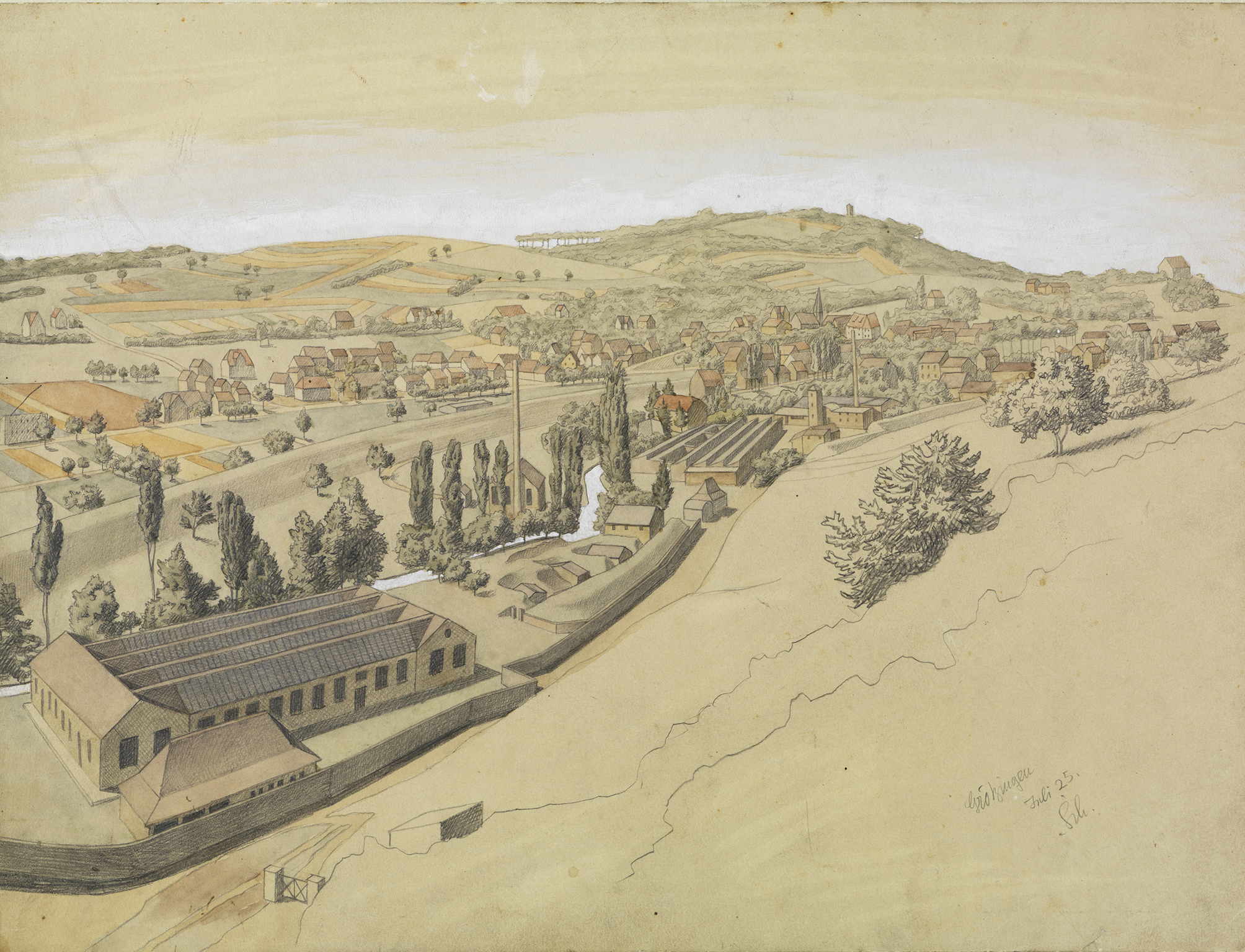 Abbildung des Werks "Grötzingen mit dem Turmberg" von Georg Scholz. Zu sehen ist eine Stadt umgeben von Hügeln.