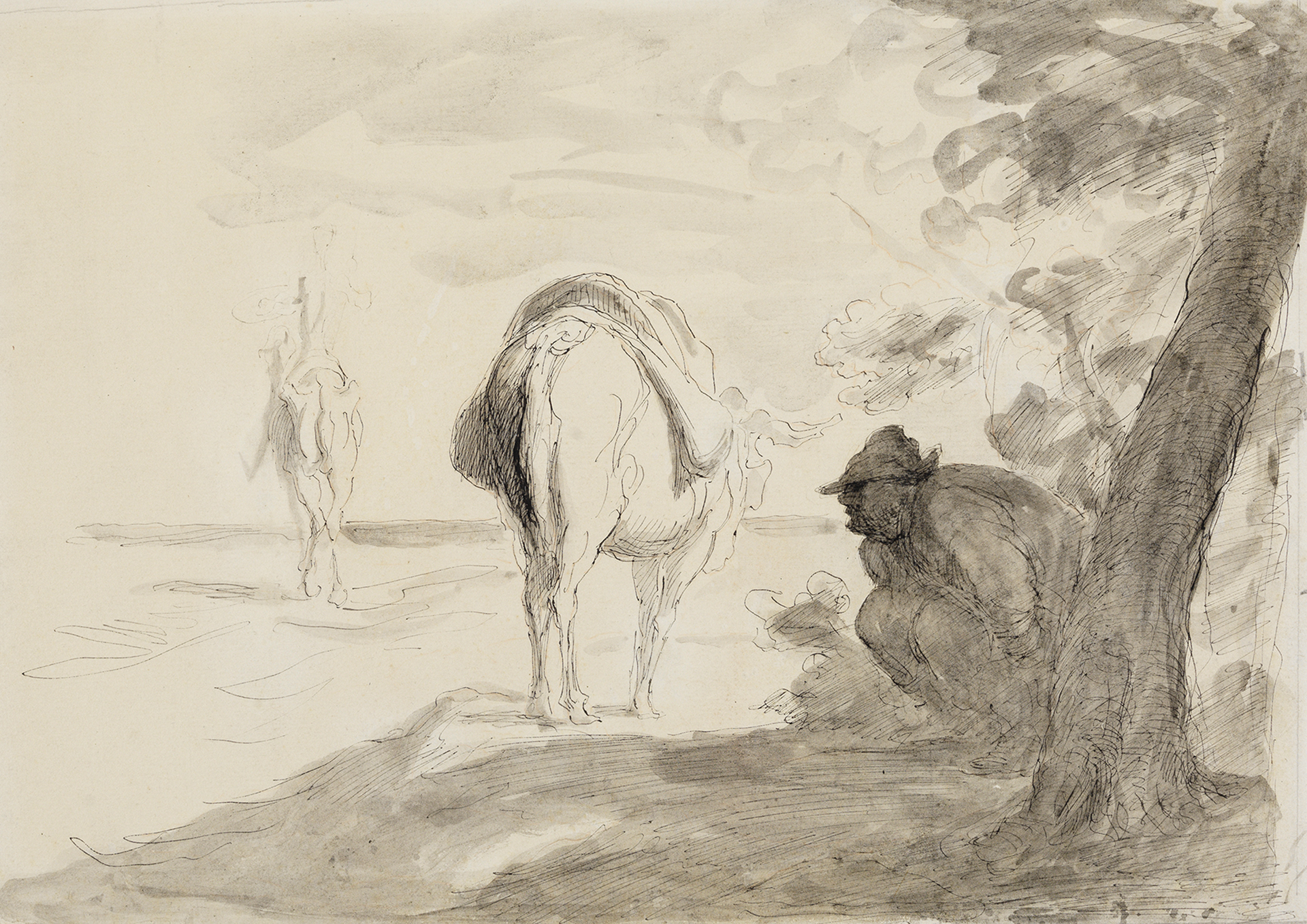 Federzeichnung eines an einem Baum hockenden Mannes sowie einem Esel