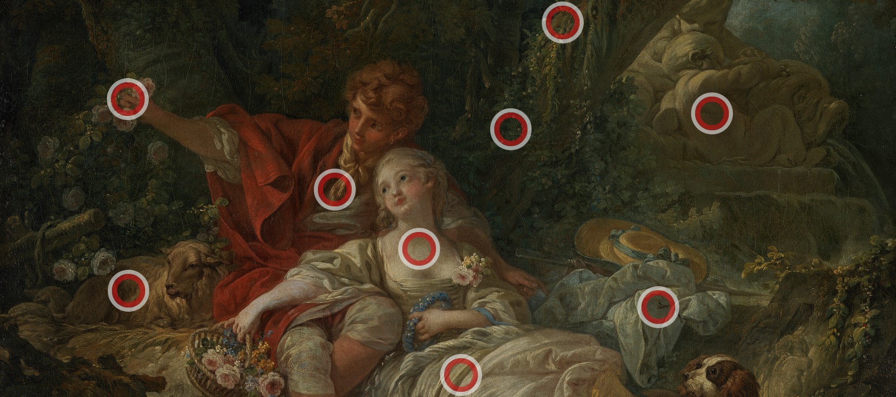 Die Abbildung zeigt ein Gemälde auf dem mehrere Markierungen in Form von roten Kreisen sind.
