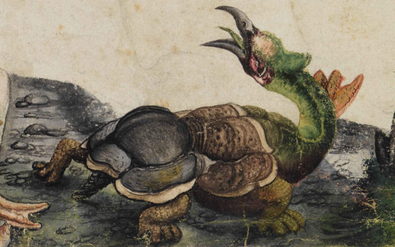 Dämon in Form einer Schildkröte, einem langen Hals und einem Vogelkopf.