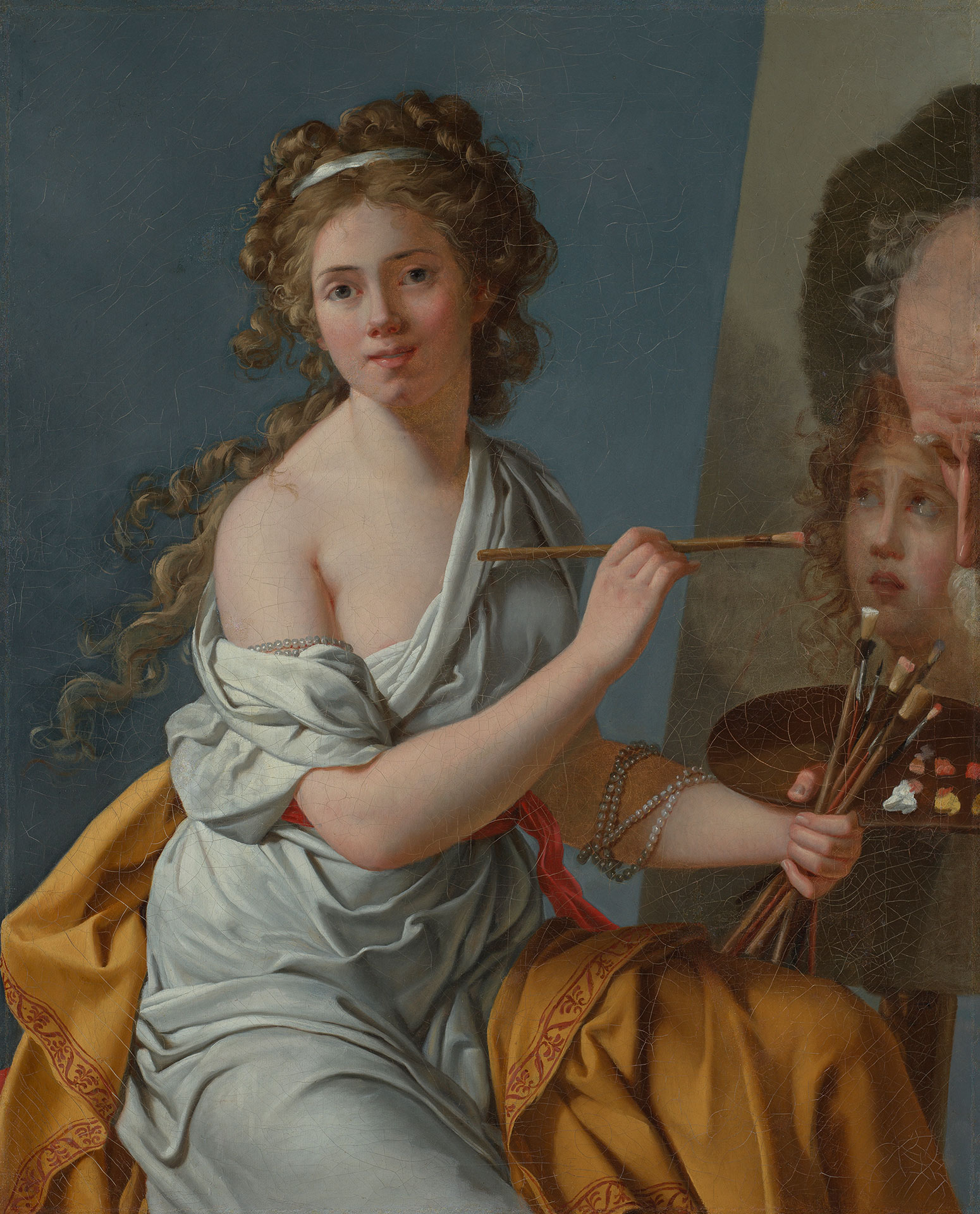 Abbildung des Selbstbildnisses von Marie Guilhelmine Benoist, auf dem die Künstlerin mit einem Pinsel vor einer Leinwand sitzt.