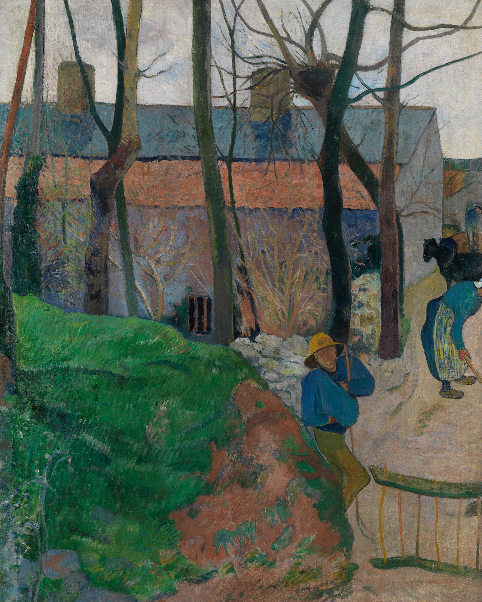 Abbildung eines Gemäldes von Paul Gauguin, auf dem Häuser, Bäume und Menschen in einem französischen Dorf zu sehen sind.