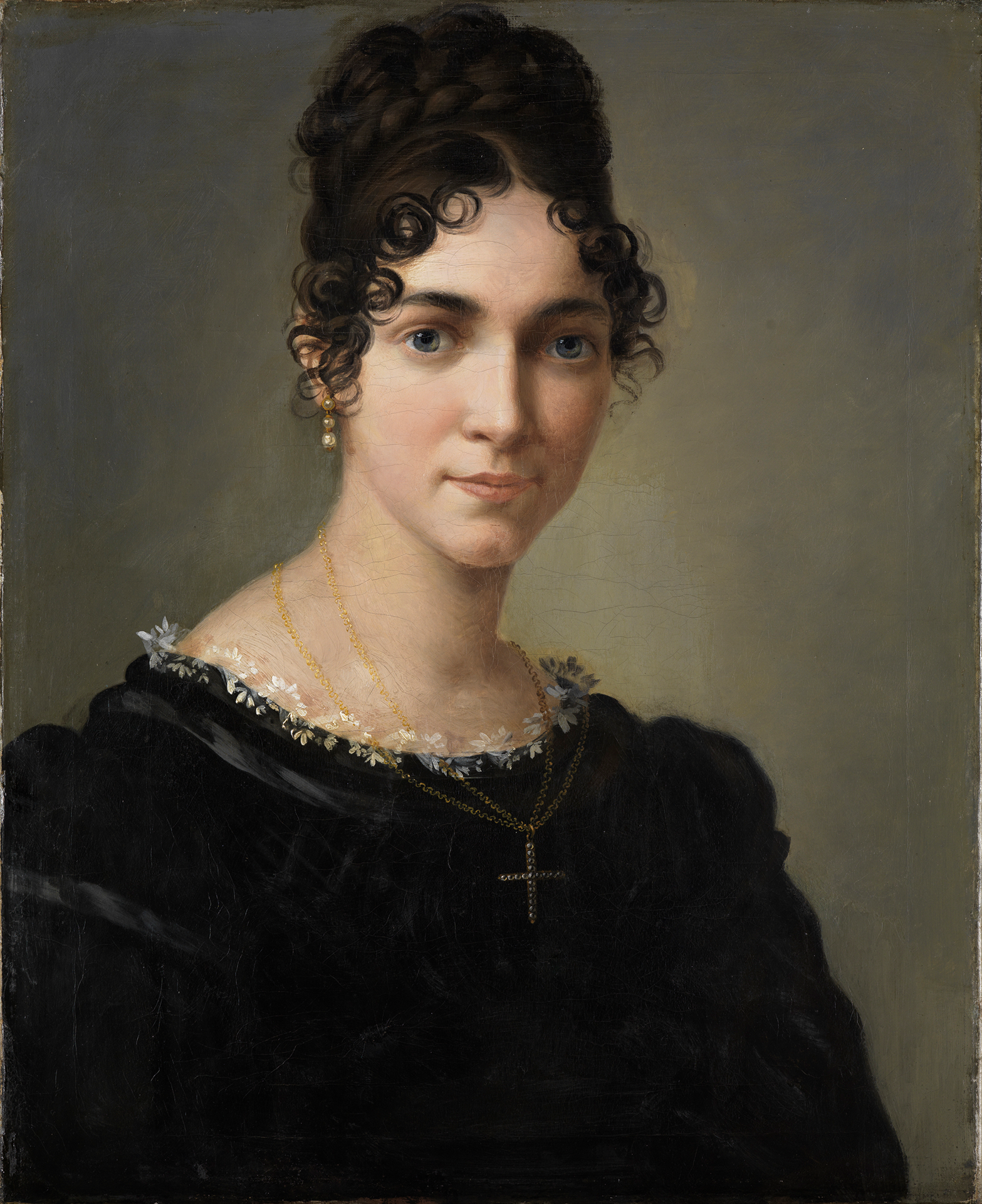 Selbstporträt Marie Ellenrieders, auf dem eine in schwarz gekleidete Frau mit dunklem, lockigem Haar zu sehen ist.