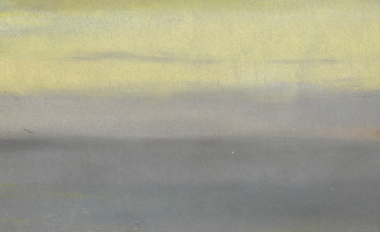 Abbildung des Gemäldes Marine, Soleil Couchant von Edgar Degas. Das Werk ist abstrakt und zeigt verschwommene Farbfelder.