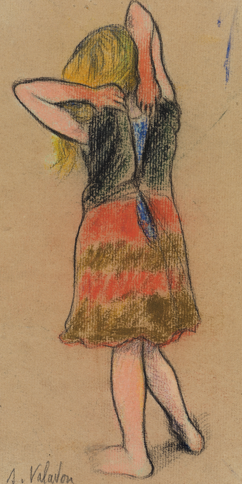 Pastellzeichnung einer Rückansicht eines Mädchens, das versucht, ihr Kleid zu schließen
