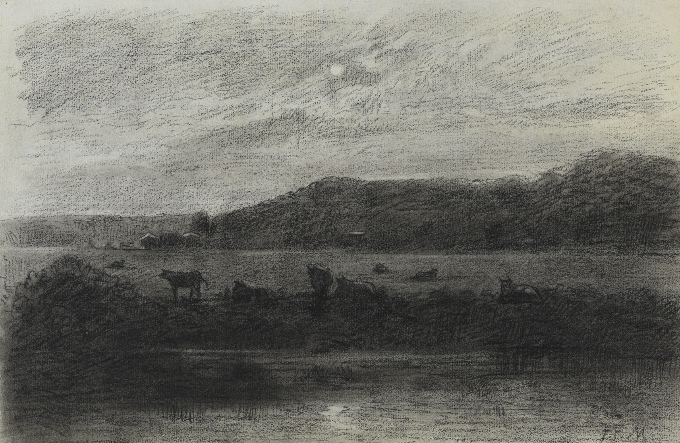 Abbildung der Zeichnung "Flusslandschaft mit Viehweide bei Vollmond" von Jean-François Millet