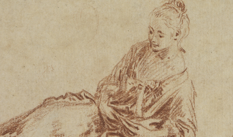 Ausschnitt der Zeichnung "Zwei Ansichten einer am Boden sitzenden jungen Frau" von Antoine Watteau