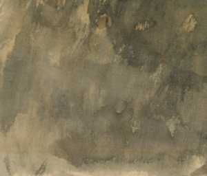 Die Abbildung zeigt einen Detailausschnitt der Zeichnung "Sängerin in einem Pariser Gartencafé" von Edgar Degas, in der abstrakte Farbschlieren und Linien zu sehen sind.