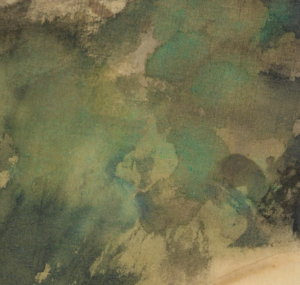 Die Abbildung zeigt einen Detailausschnitt der Zeichnung "Sängerin in einem Pariser Gartencafé" von Edgar Degas, der das Eigenleben von Farbklecksen und Trocknungsrändern fokussiert.