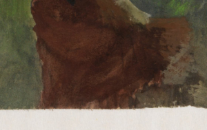 Die Abbildung zeigt einen Detailausschnitt der Zeichnung "Sängerin in einem Pariser Gartencafé" von Edgar Degas, der den grauen Streifen zeigt, der zeigt, dass de Künstler auf die Darstellung des Bodens verzichtete.