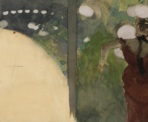 Die Abbildung zeigt einen Detailausschnitt der Zeichnung "Sängerin in einem Pariser Gartencafé" von Edgar Degas, der den grauen Streifen zeigt, der den grauen Streifen zeigt.