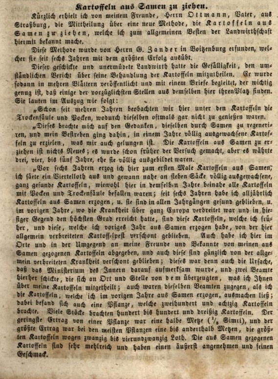 Seite aus der Karlsruher Zeitung von 1846, die mit "Kartoffeln aus Samen zu ziehen" übertitelt ist.