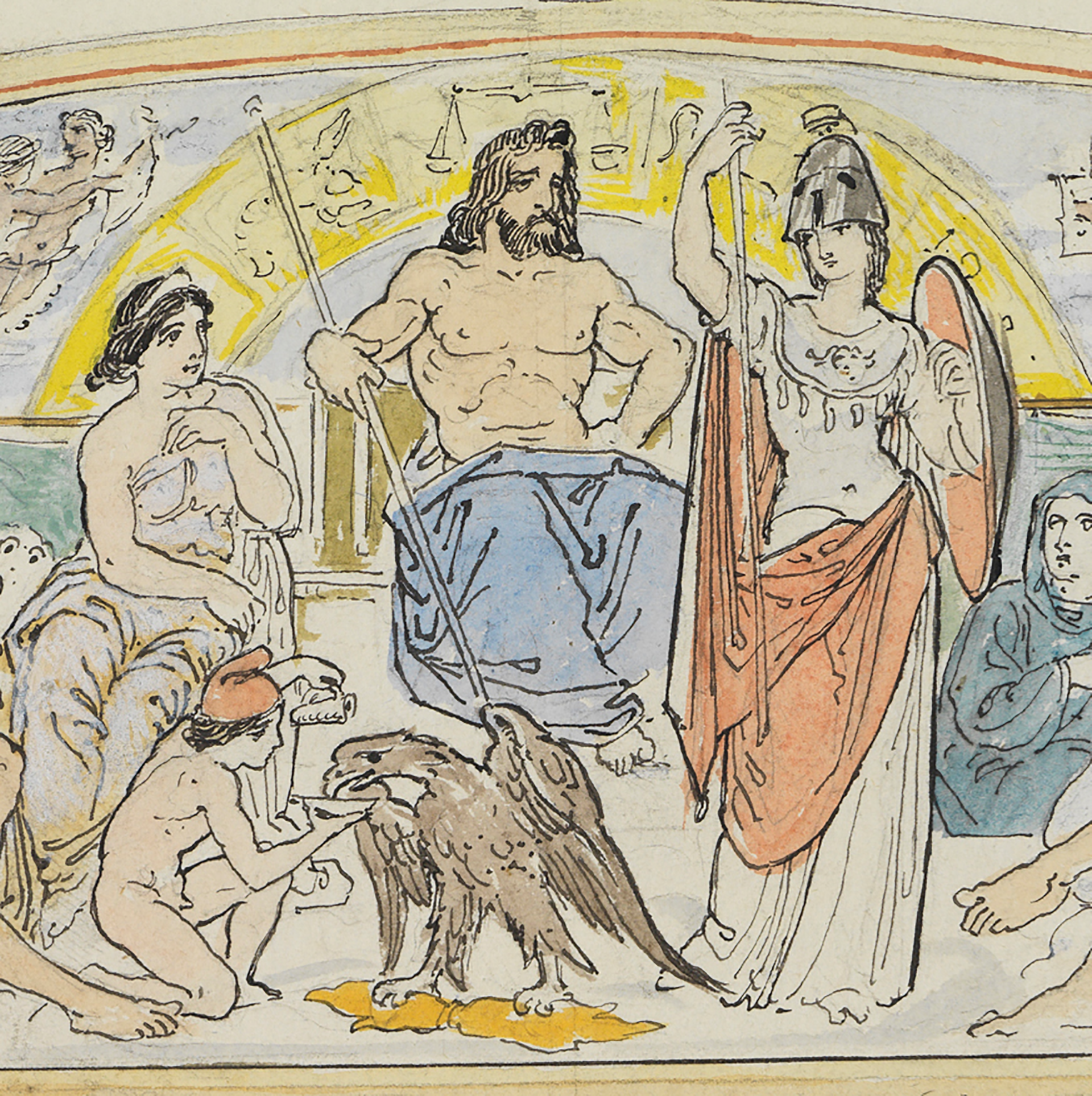 Detail einer Zeichnung von Moritz von Schwind, die Zeus auf seinem Thron sitzend, umrahmt von Hera und Athena zeigt.
