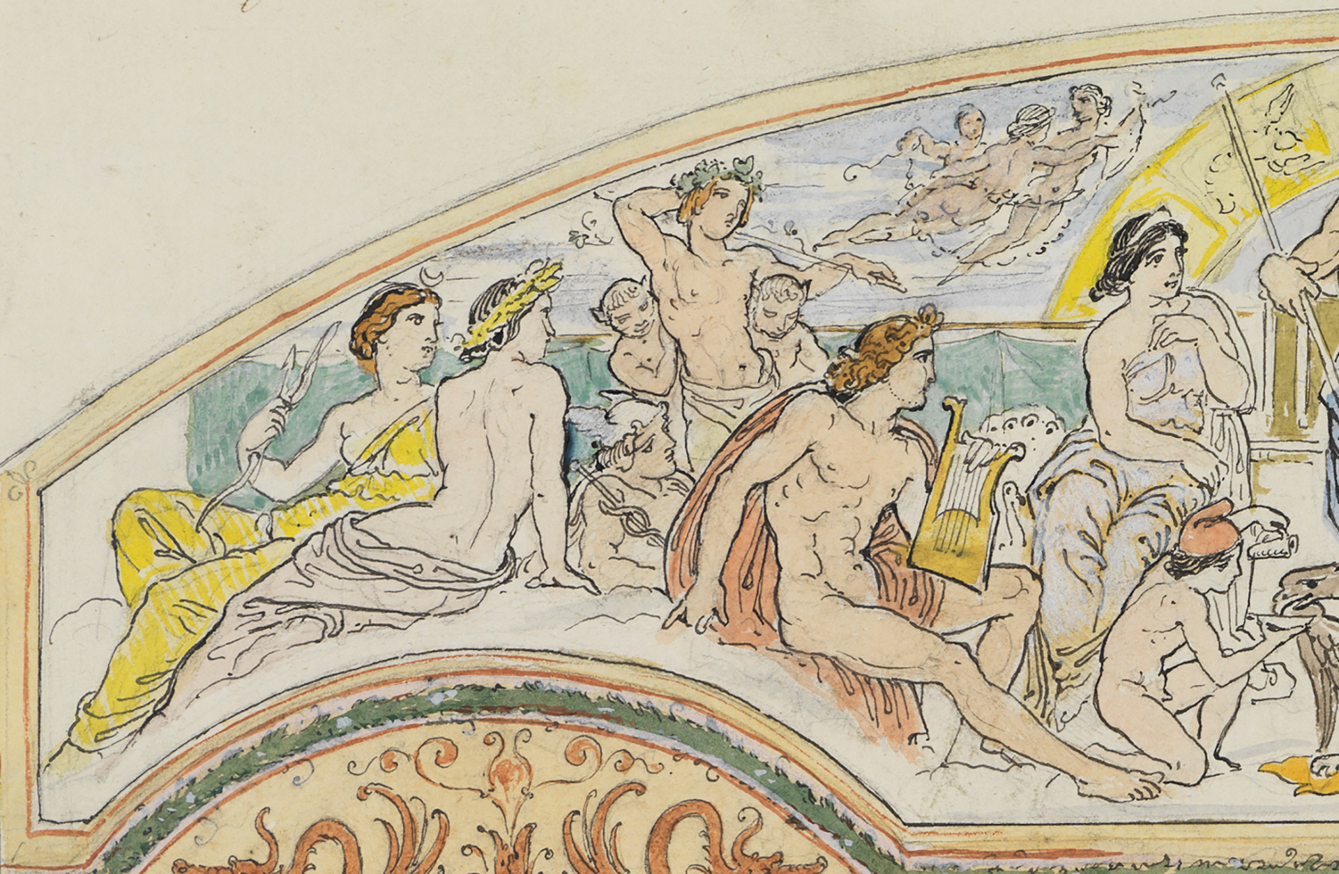 Detail einer Zeichnung von Moritz von Schwind, die mehrere Göttinen und Götter, allesamt nach rechts blickend, zeigt.